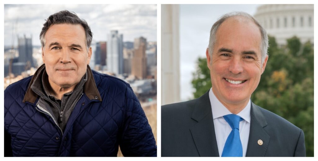 At left is Dave McCormick, a middle-aged white man with brown hair and a blue coat in front of a city skyline, and at right is Bob Casey, a balding white man in a grey suit and blue tie