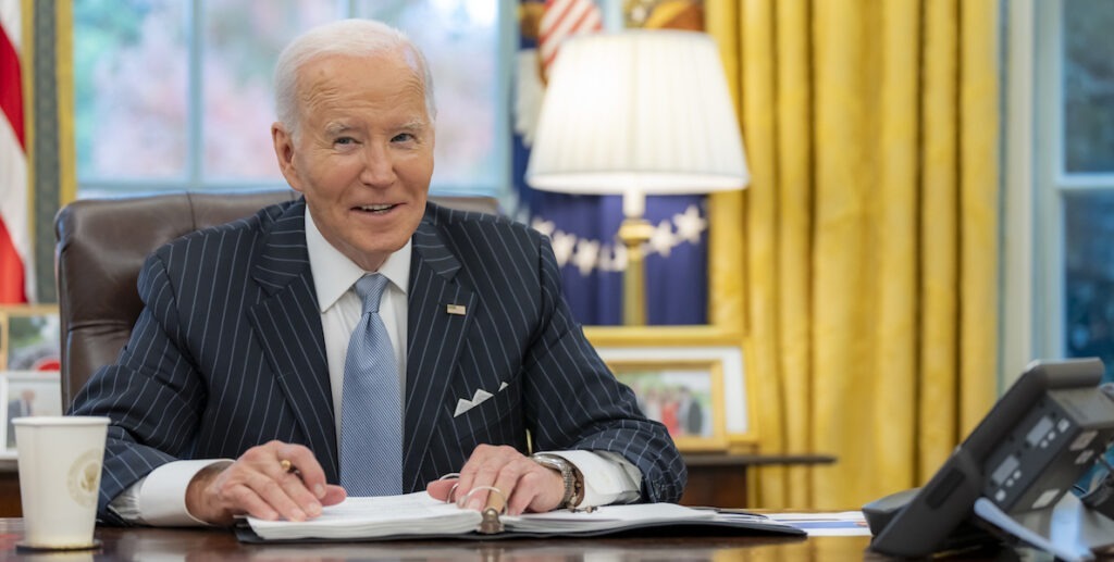 President Joe Biden participates in a secure phone call with French President Emmanuel Macron, Friday, November 22, 2024, in the Oval Office. (Official White House Photo by Adam Schultz)