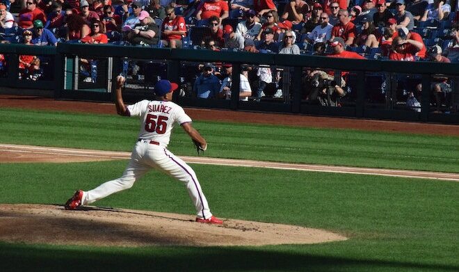 Phillies pitcher Ranger Suárez, #55, a leftie, pitches from the bump at spring training in Clearwater, FL.