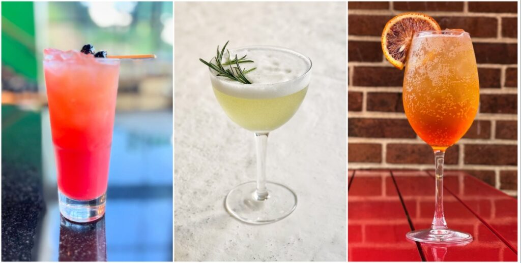 A trio of zero proof cocktails in separate photos: left to right: Unity Java's "Phoenix" made with Milano apertivo, pomegranate, orgeat, orange bitters and pineapple juice; Bar Palmino's absinthe-inspired winter cocktail with fresh rosemary; Herman's "Sunset Spritz."