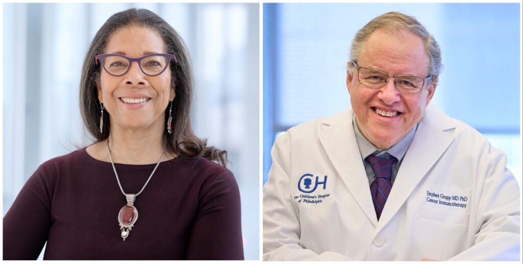 Side-by-side portraits of Alexis A. Thompson, MD, MPH, an African American woman with straight long hair, glasses, a burgundy top and a large necklace and Dr. Stephan A. Grupp, MD, PhD, a white man with thinning hair, glasses and a doctor's coat over a shirt and tie.