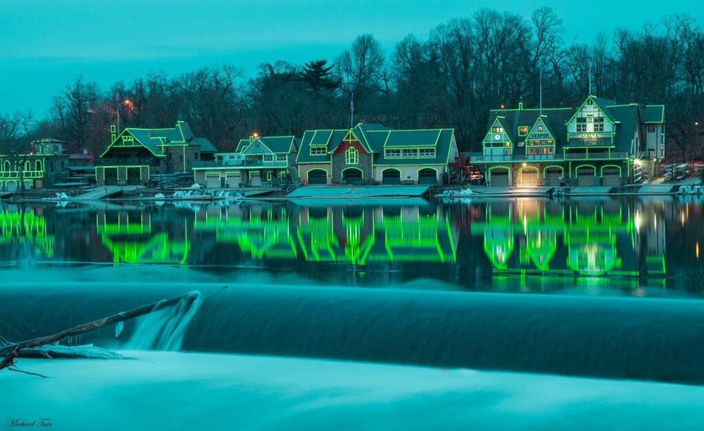 Philadelphia's historic Boathouse Row on the Schuylkill River shows green lights to support the Philadelphia Eagles.