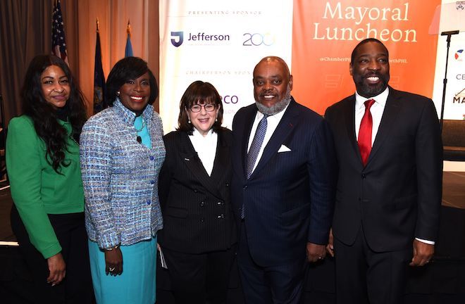 Left to right: City Representative Jazelle Jones, Philadelphia Mayor Cherelle Parker, Greg Deavens, Chamber of Commerce for Greater Philadelphia President and CEO Chellie Cameron, and Philadelphia City Council President Kenyatta Johnson.