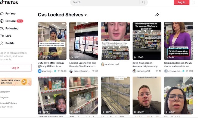 A screenshot of TikToks about locked shelves at CVS.