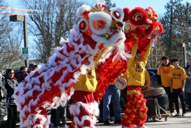 Two traditional Chinese Lunar New Year costumed dancers side-by-side performing the Lion Dance