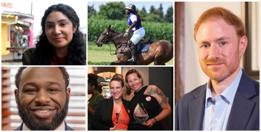 Clockwise from top left: Sarahi Franco-Morales, Shariah Harris, Eric Kapenstein, Dana Donofree and Heather Blakeslee, and Deion Sumpter.