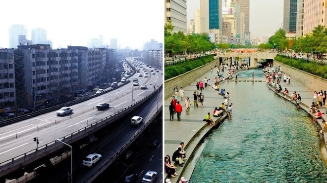 Side-by-side photos, show, on left, a highway in Seoul, South Korea. On the right, that same area is shown as a river with, people walking by and sitting with their feet dangling in the water. In the background are high-rises of the city.