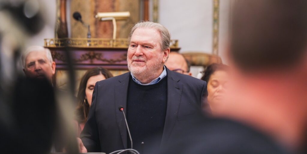 Richard Vague presents the Tax Reform Commission report in Philadelphia City Hall on February 26, 2025.