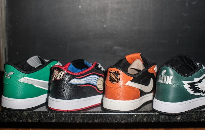 Four custom Made by Buck sneakers rep the Eagles, Sixers, Flyers and Super Bowl Champ Eagles.