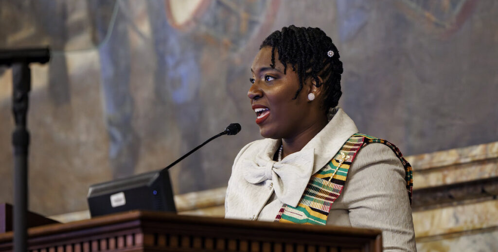State Representative and House Majority Leader Joanna McClinton speaks at Governor Shapiro's 2025 budget address in the State Capitol.