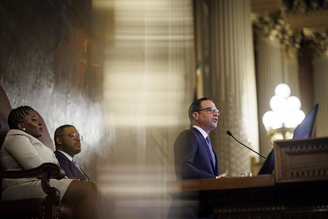PA Governor Josh Shapiro (right), House Majority Leader Joanna McClinton (left), Lieutenant Governor Austin Davis at Shapiro's annual budget address in Harrisburg