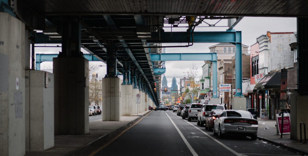 A view of the Philadelphia skyline from the 52nd Street SEPTA Station, on April 12, 2025.
