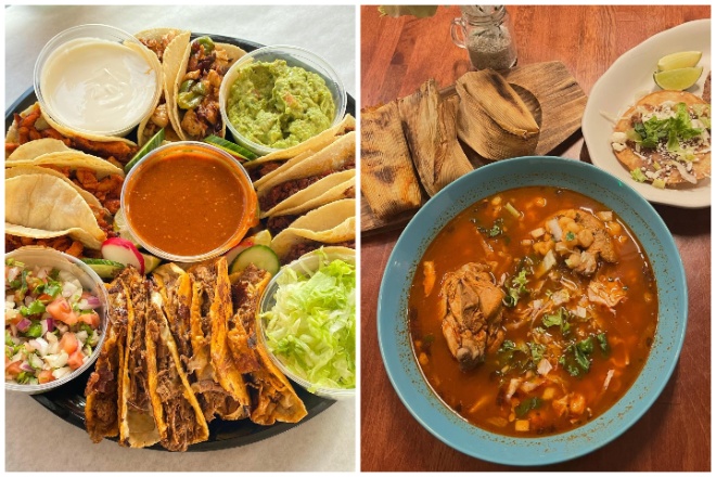 Tacos, lettuce, guacamole, red salsa, pico de gallo; tamales, soup, at Taqueria Morales.