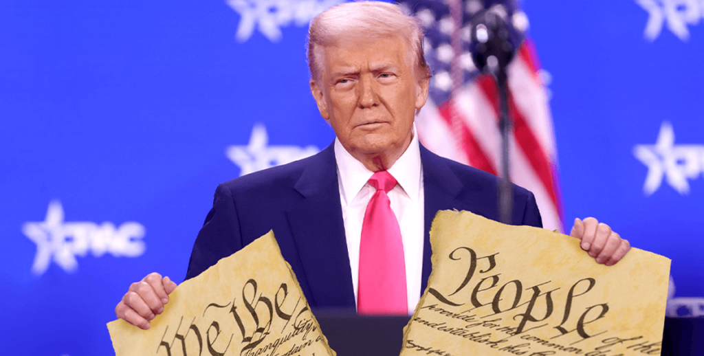 Donald Trump, standing in front of a blue background and American flag, holds a ripped version of the U.S. Constitution. (Illustration.)