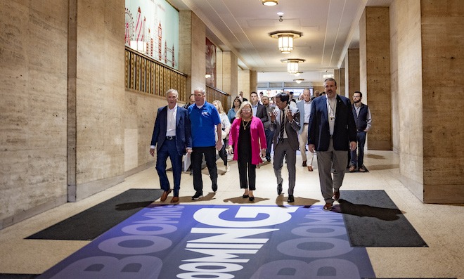 State Senator Nikil Saval (center) walks with members of the Senate and House transportation committees, including State Representative Ed Neilson, chair of the House Transportation Committee, State Senator Judy Ward and SEPTA GM Scott Sauer on a visit to Philadelphia.