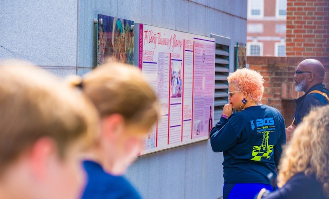 Visitors at the President’s House read about the role of slavery in a new nation.