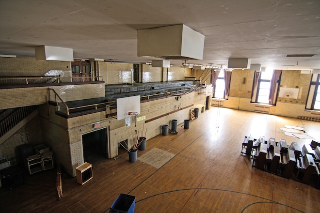 An empty basketball court / gymnasium in the Bok building.